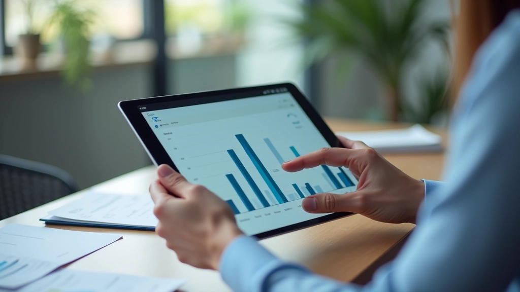 Close-up of hands holding a tablet device showing analytics dashboard in collaborative workspace
