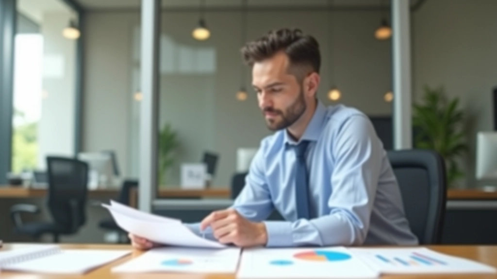 Business owner at desk reviewing documents and performance metrics