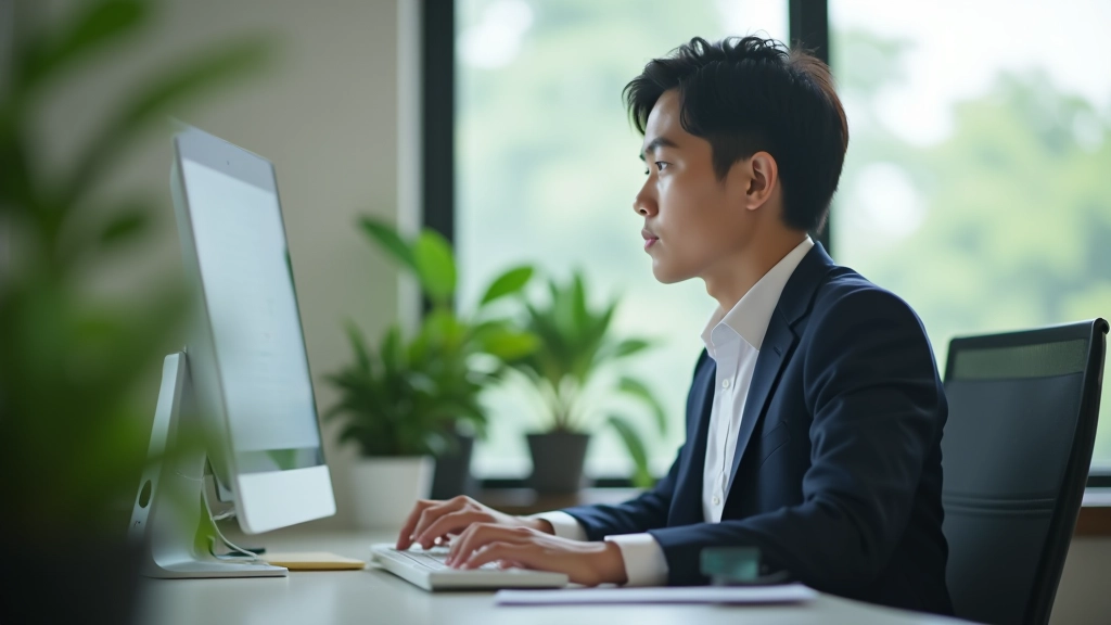 Professional analyzing data and performance metrics on computer screen in focused office environment