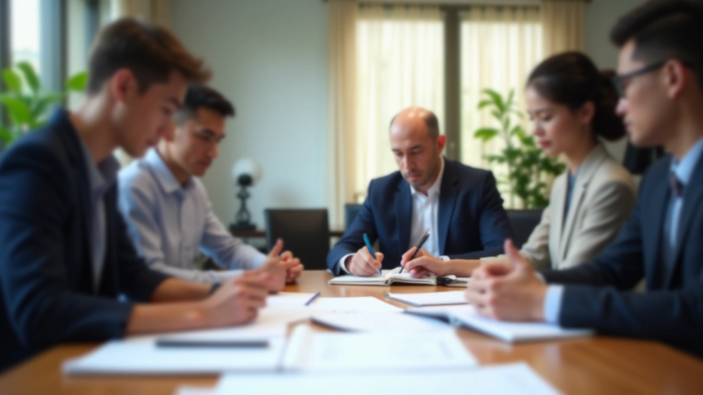 Team members collaborating around a table with documents and planning materials