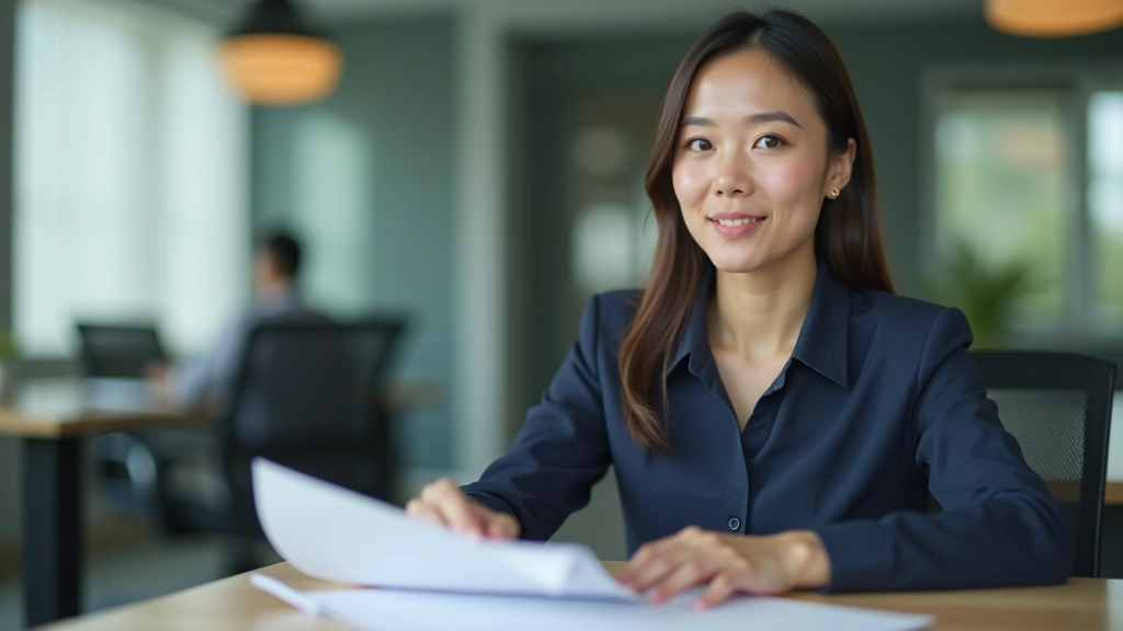 Professional woman reviewing documents at her desk with confident posture and focused expression